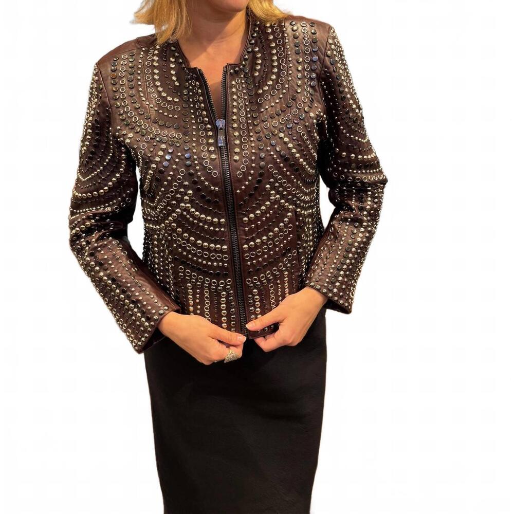 NEW NOUR HAMMOUR women's leather studded jacket in burgundy